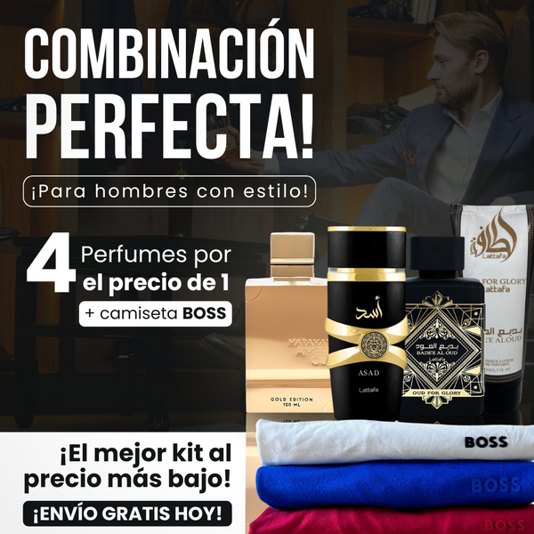 KITT 3 Perfumes + Camiseta Boss   ( Lataffa Bade'e  Asad Negro  , Haramaind Amber + Crema Lattafa